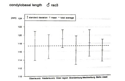 Diagram showing the degree of variation in measurement between the different geographic populations