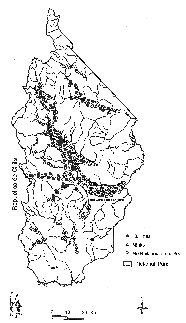 Map of the study area showing positive sites for otters, positive sites for mink and negative sites for both.  Click for larger version