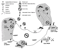 Diagram of Lake Sandoval showing proposed Giant Otter conservation areas at the west and north ends of the lake plus a small one on the south side; all persons and boats to be prohibited from entering these areas