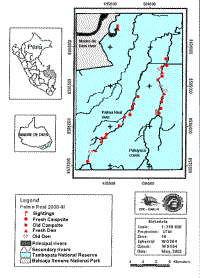 Map showing location of Palma Real study sight with sightings, campsites and dens