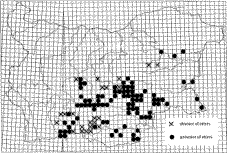 Map of Bulgaria showing the grid and results of surveys in the south and east of the country