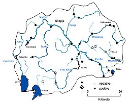 Map of Macedonia showing the otter survey locations, with otters being present in most major river catchments