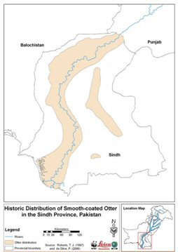 Map of the Sindh Province of Pakistan showing the 23 districts and the major waterways and water bodies.  Click for larger version