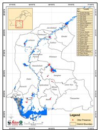 Map of the Sindh Province of Pakistan showing the location of positive otter presence.  Click for larger version