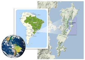 Map showing the position of Brazil, and the location of the study area on the coast of south-east Brazil