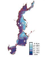 Map of the lagoon showing the depth variation, with the deepest water along the eastern shore and the shallowest along the western side; the connection to the ocean is a narrow channel from the western side into the Atlantic Ocean