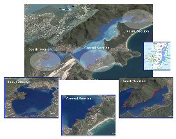 Satellite image of the lagoon showing the three study areas, one at the south end, which is separated by a narrow strait from the middle, one in the middle along the western side, and one in the norht where the lagoon forks into two arms