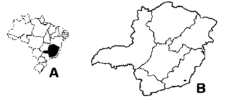 Map of Brazil showing the location ofthe state in the lower south east part of the country, and the location of the study site in the lower south east corner of the state (click for larger version) 