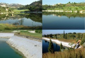 Four views of the lakes showing the steep, concrete ednges and short grass with little cover.