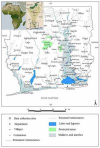 Map showing position of Benin on south coast of West Africa, plus study area in southern part of country