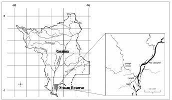 Map showing study are at the south end of Roraime state, and detail fo the river systems