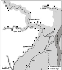 Map of the study area showing original river courses and extent of flooding, with all otter sightings and indirect signs shown