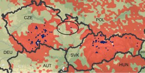 Map of two adjacent republics; in Czechia, most samples were taken in the south and centre, and in Slovakia in the norht and centre.  The area of reintroduction is in the northeast of Czechia; Czechia is in the west and Slovakia in the east with a common border running southwest to northeast.  Click for larger version