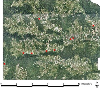 Satellite map showing position of camera traps along river valleys