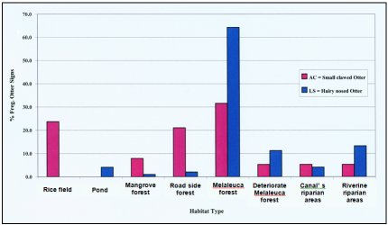 Graph showing that Lutra sumatrana mainly feeds in Melaleuca forest, occasionally in riverine riparian areas and less often in canals, whereas short-claws feed mainly in Melaleuca forest, roadside forest and ricefields, and sometimes in mangrove forests. Click for larger image.