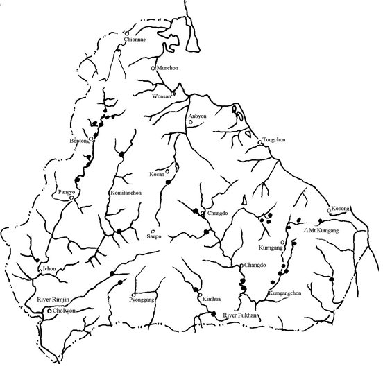 Map of Kangwon province showing more detail of otter distribution.  Click for larger version.