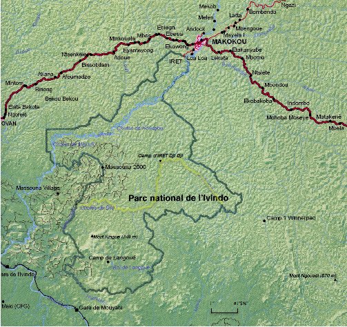 Map of Gabon showing study site in east-central Gabon in west central Africa.  Click for larger version