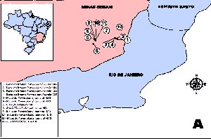 Map showing the position of Minas Gerais near the coast in south eastern Brazil, and locations 1 to 12 (Table 1) in the south east of the state (Click for larger version)