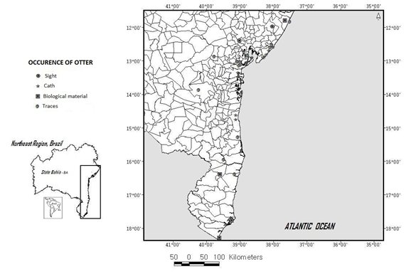 Map of the coastal area of Bahia showing where the otter signs and specimens were collected.  Click for larger version.