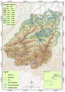 Map of the study area showing its position in north west Pakistan, with a highland area over 4000m to the north, dissected by river valleys.  Click for larger version.