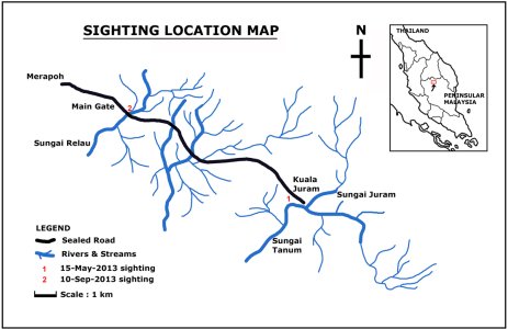 Map of Malaysia showing study site in centre of peninsula, and more detailed map showing location 1 inside the park at the confluence of three rivers, and location 2 on a river very near the main gate.  Click for larger version.