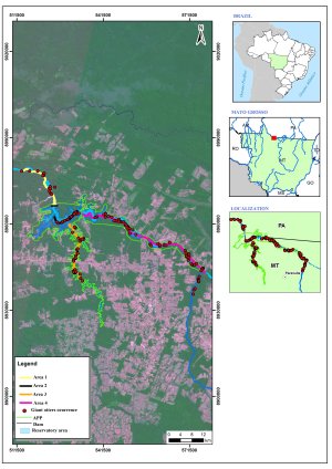 Maps showing location of study area.  
Map of South America showing the
 position of Matto Grosso in the
 centre of the continent, on the 
western border of Brazil. 
 Map of Matto Grosso showing the 
river systems, with the study area
 on the northern border of the 
state. 
 Detailed map of the river system
 showing the location of otter 
signs. 
 A large satellite image with the
 otter locations shown along with
 the original river courses, the
 position of the dam,  and the
 new water extent expected
 after flooding completes.
 Click for larger version.