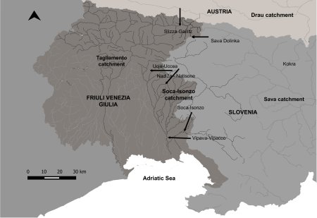 Map of north eastern Italy and adjoining Slovenia showing the 6 possible routes  Click for larger version.