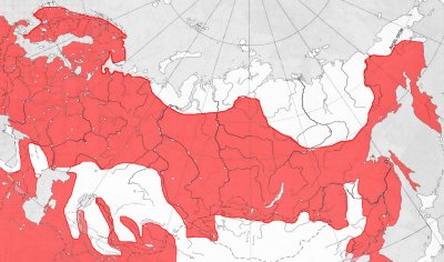 Map of Russia and adjacent countries showing Lutra lutra distribution across most of the area with the exception of Siberia, the extreme north, and the central desert and dry steppe belt. Click for larger version