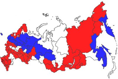 Map of the regions shown in Table 1, coloured red where otters are listed in the regional Red Book (south west and east) , blue where hunting is permitted (central west and far east) and clear where no quota permits were issued (north central). Click for larger version.