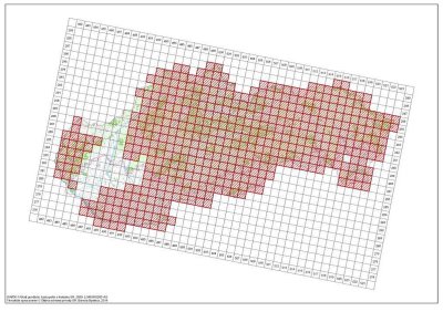 Map of Slovakia showing the 10km squares surveyed; red squares show otter sign.  Most of the country is positive, apart from a band running norht-south in the south west part of the country. Click for larger version.