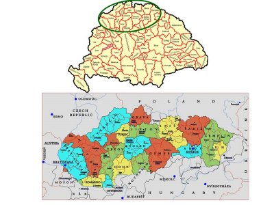 Upper map showing the Kingdom of Hungary, with the area making up modern Slovakia. Lower map shows this Slovakian area broken down into counties. Click for larger version