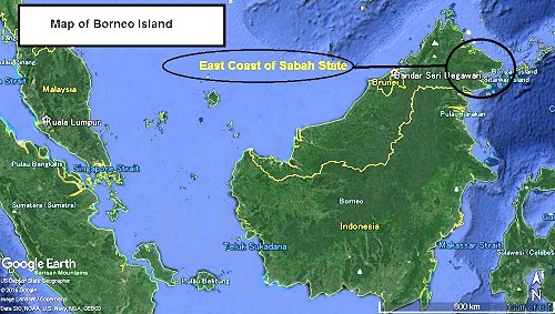 The north east peninsula of Borneo, with Deramakot Forest Reserve in the centre. and Kulamba Wildlife Reserve and Kuala Segama Meruap Mangrove Forest Reserve adjacent to each other at the coast.  THe 2010 sighting is in the centre of Deramakot, and the 2016 signting is on the inland edge of Kuala Segama.  Click for larger version. 