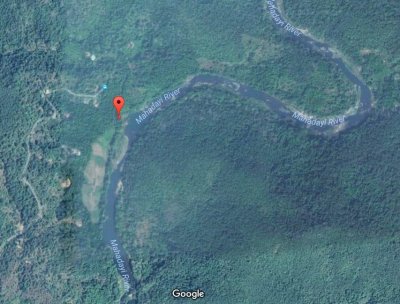 Aerial view of the wildlife reserve showing the loops of the river,  the stream running into it, the areca nut plantation, and the study area on that stream. Click for larger image.