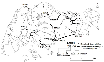 Inset map of Malayan Peninsula showing Thailand at the very top, and Malaysia, with Singapore island at the bottom tip.  Main map shows the islands of Singapore, with the waterways.  The central watershed runs inland from the south east coast.  The Marina Reservior is on the coast, and Bishan-Ang Mo Kio Park at the furthest inland point of the watershed. The observation points are shown on waterways and waterbodies on the north and south coasts of the main island, and on the smaller island off the north coast. 