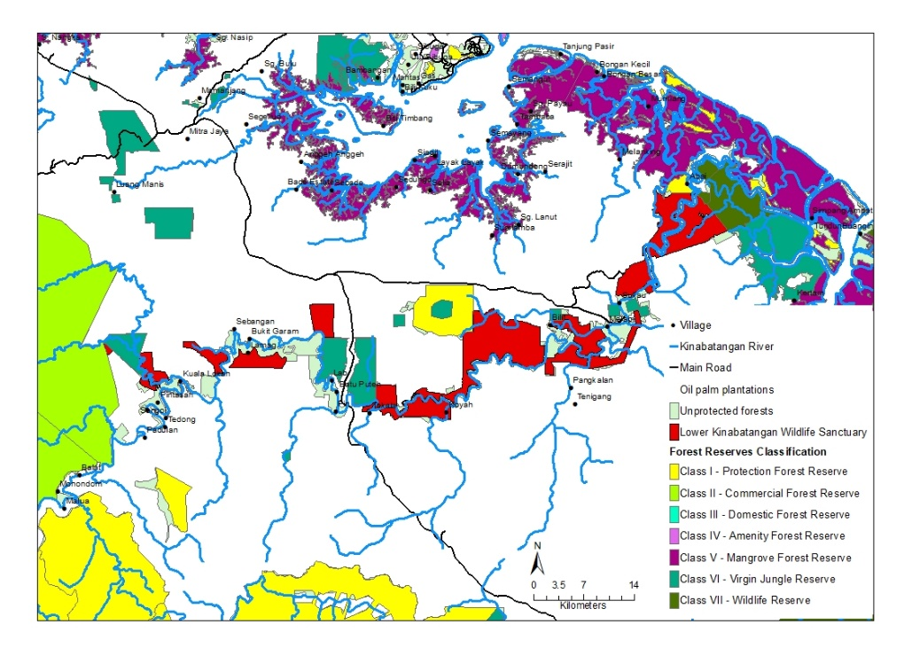 The lower map shows this river catchement in detail, and the forest reserves and the LKWS (which runs along the river), along with principle roads, unprotected forests and oil palm plantations.