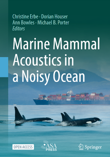 Front cover of book with image of a pod of orcas in the foreground with a container ship passing a mountainous coastline in the background. 