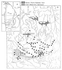 Map of Highland area of Sri Lanka showing positive and negative survey spots